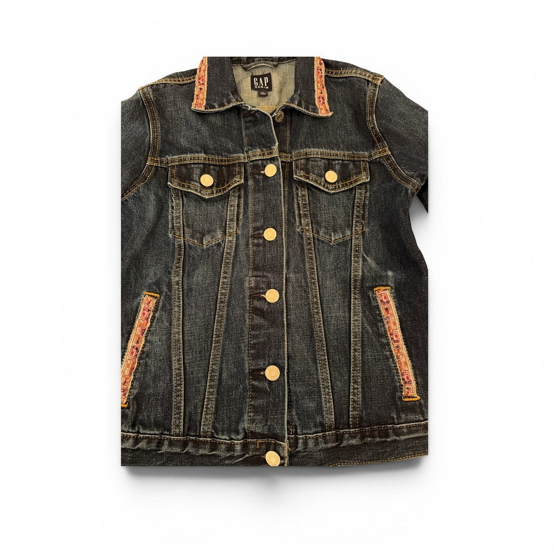 REIMAGINED by Bailey Grace: Dark Denim Jean Jacket w/ Pink and Beaded Trim - M