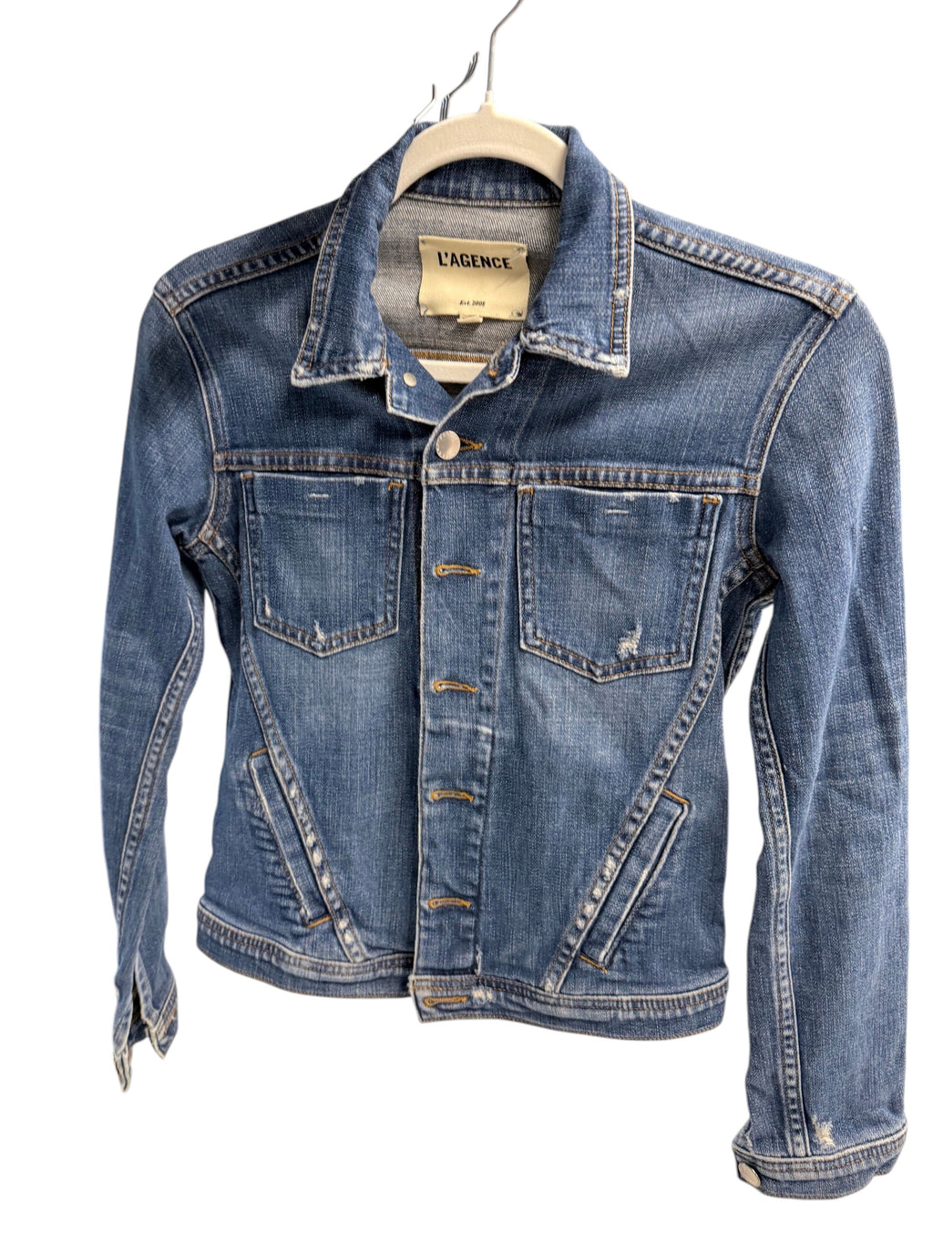L'AGENCE Denim Jacket Blue Distressed Button Closure - XS - Image 3