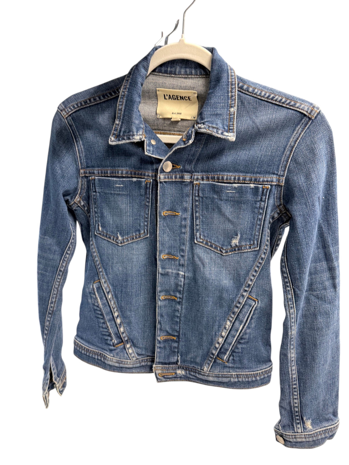 L'AGENCE Denim Jacket Blue Distressed Button Closure - XS - Image 3