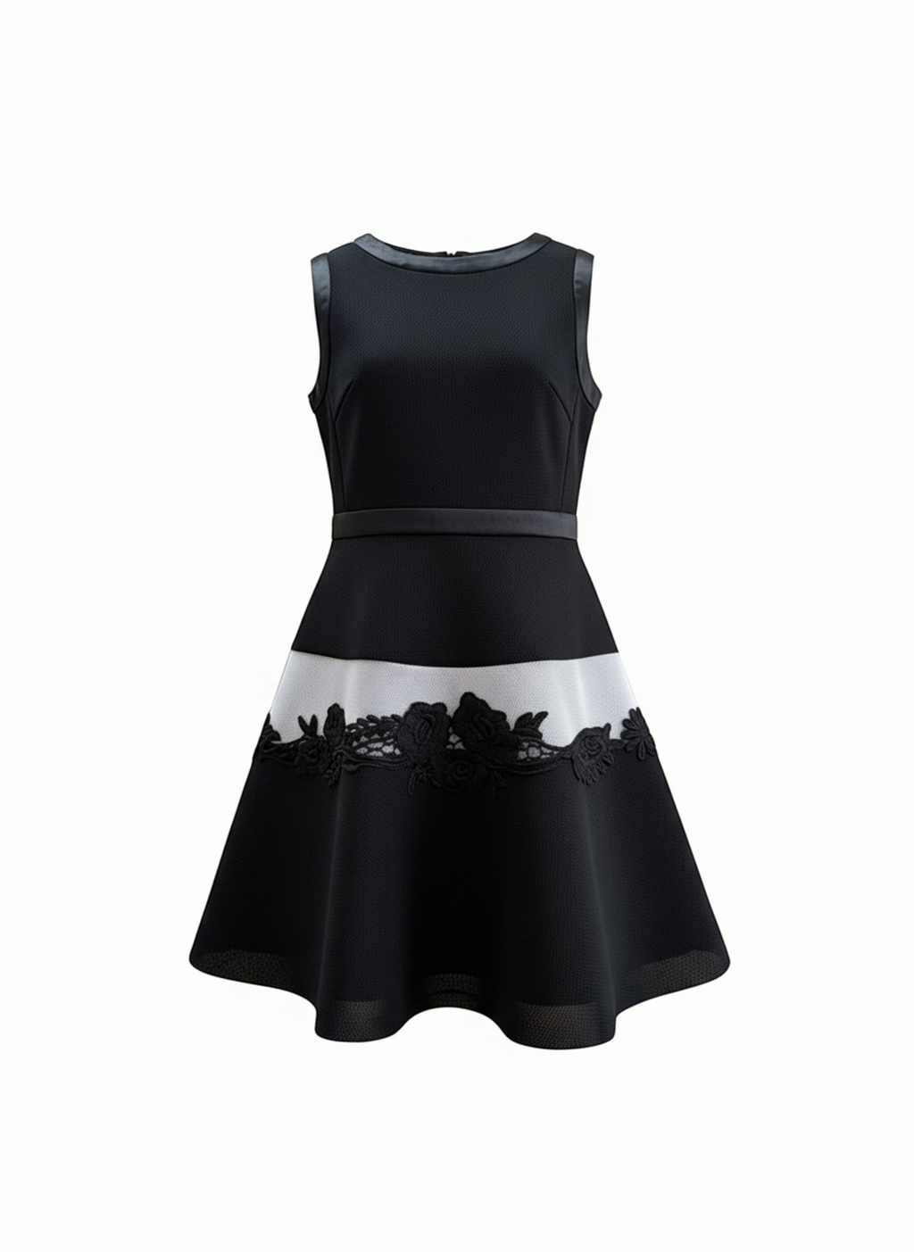 Silk Wei Black Stretch Bell-Shape Dress w/White Band and Black Appliqué Sleeveless Size M - Image 1