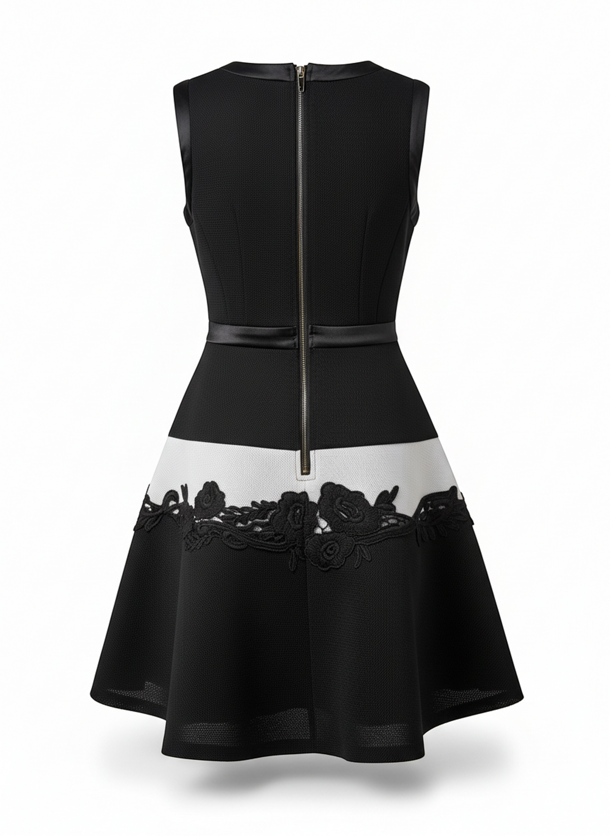 Silk Wei Black Stretch Bell-Shape Dress w/White Band and Black Appliqué Sleeveless Size M - Image 2