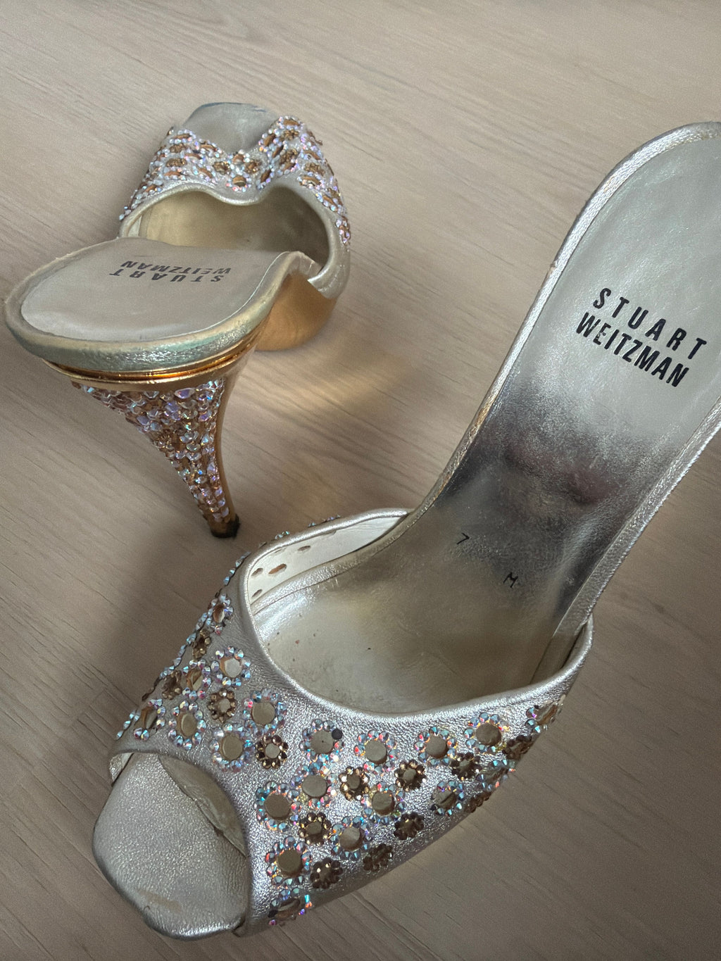 Stuart Whitman Leather w/Crystal Details Stiletto Mules 7M - Image 1